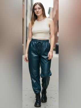 Inclán Studio Teal Faux Leather Pants Elastic Waist and Drawstring, Size Medium